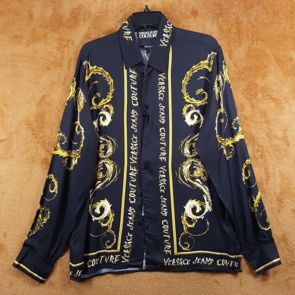 VERSACE COUTURE Shirt Mens XS Black Button Up Long Sleeve Baroque Gold $625